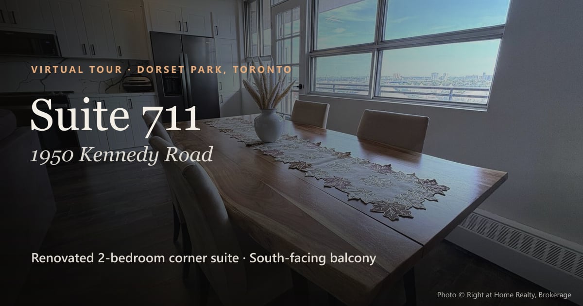 Suite 711, 1950 Kennedy Road: a dining table in front of a wall of windows.