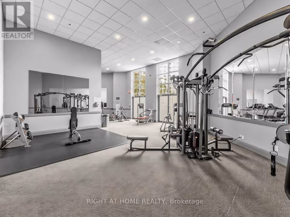 Inside a gym with a high ceiling and grey walls, a dumbbell rack and an adjustable bench sit on a dark mat at left, while a multi-station cable machine fills the right. Large wall mirrors reflect treadmills, and stationary bikes and tall windows are visible at the back.