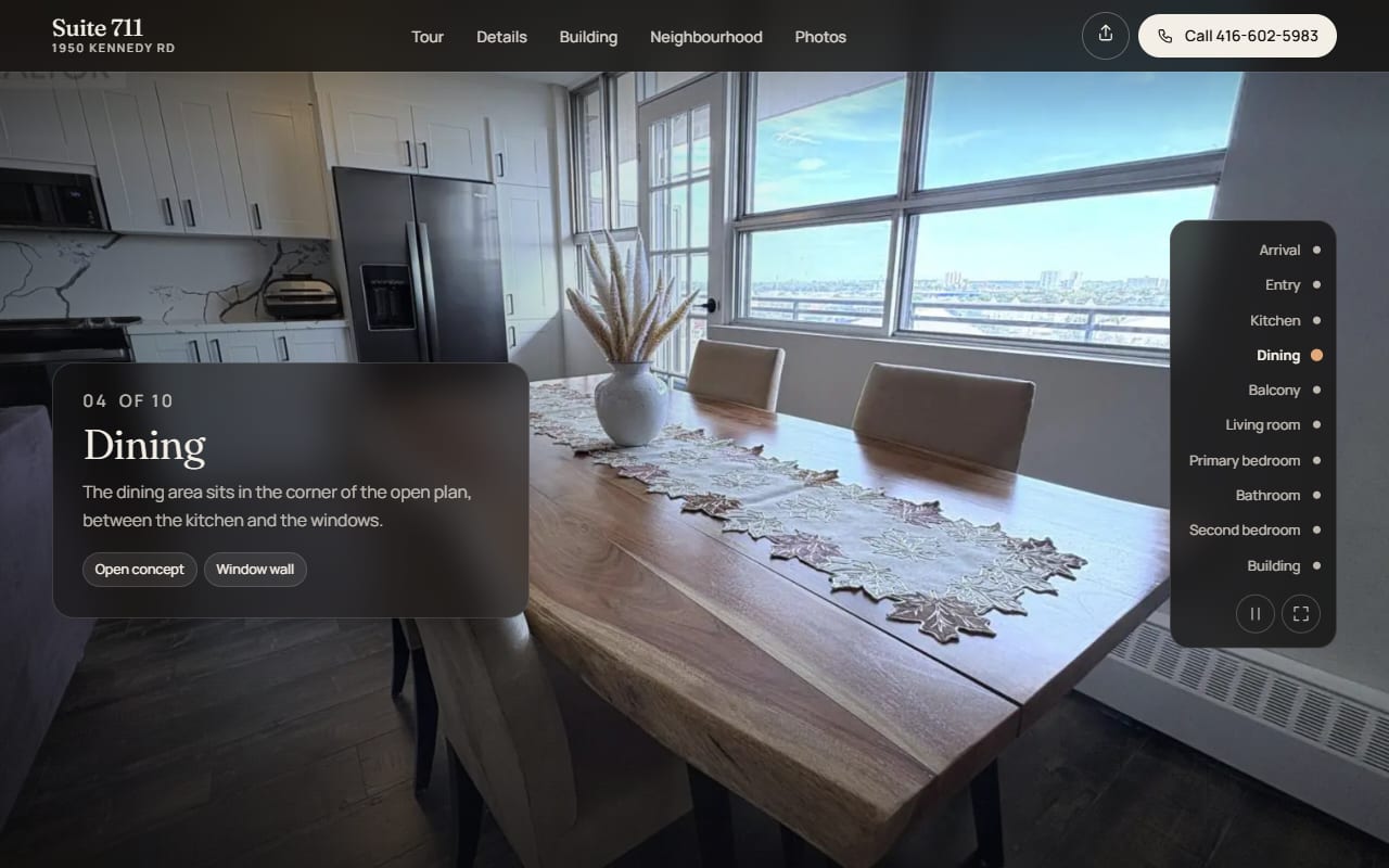 A virtual tour on a laptop: a full-screen dining room photo with a room card and the listing agent’s call button at the top.