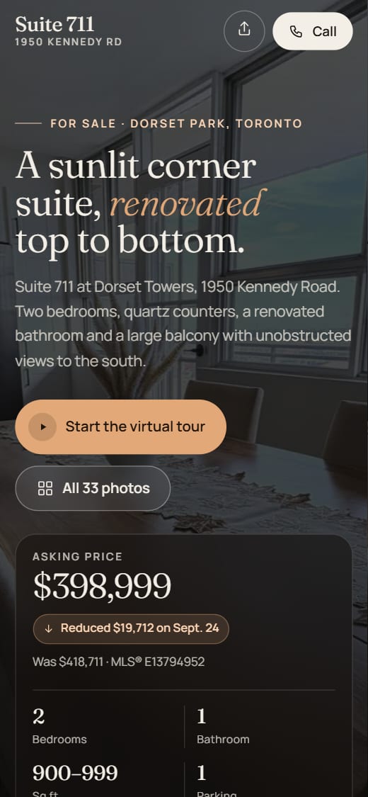 The same tour on a phone: the headline, asking price, key facts and a button to start the virtual tour.